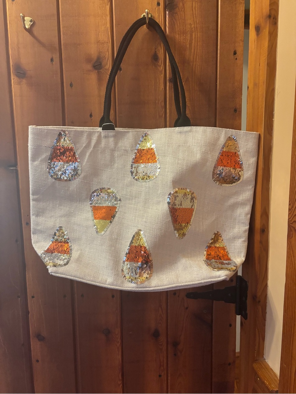 Mud Pie Cream Tote with Sequined Candy Corn Motifs and Black Handles
